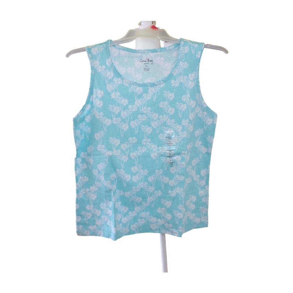 Coral Bay Palm Trees White on Aqua Sleeveless Top V Neck size Small Petite NWT